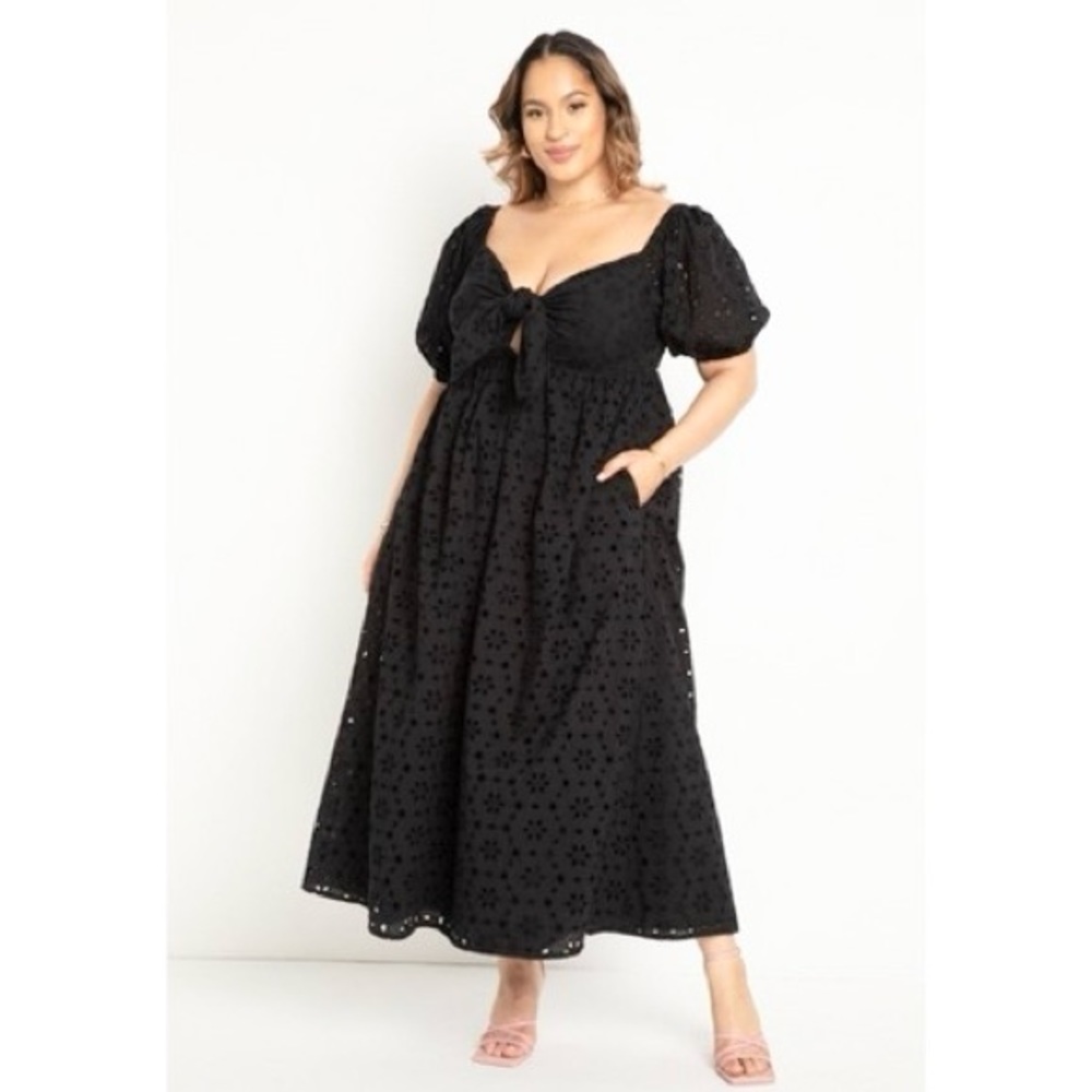 ELOQUII NEW Plus Size Eyelet Tie Front Maxi Dress in Black Size 18